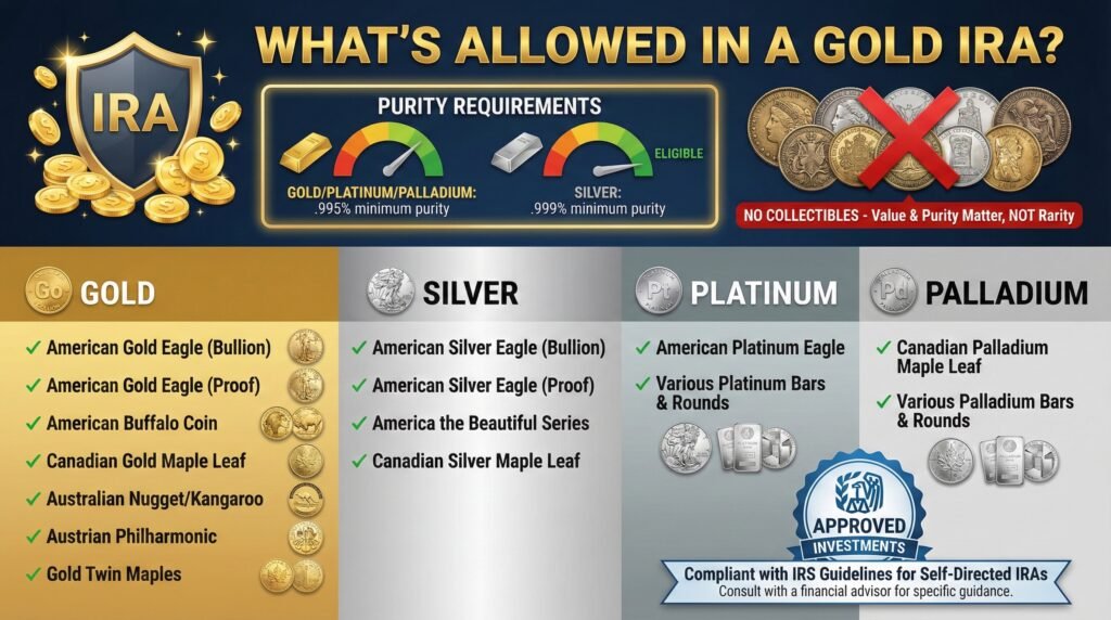 What is allowed in a gold IRA? IRA-eligible coins